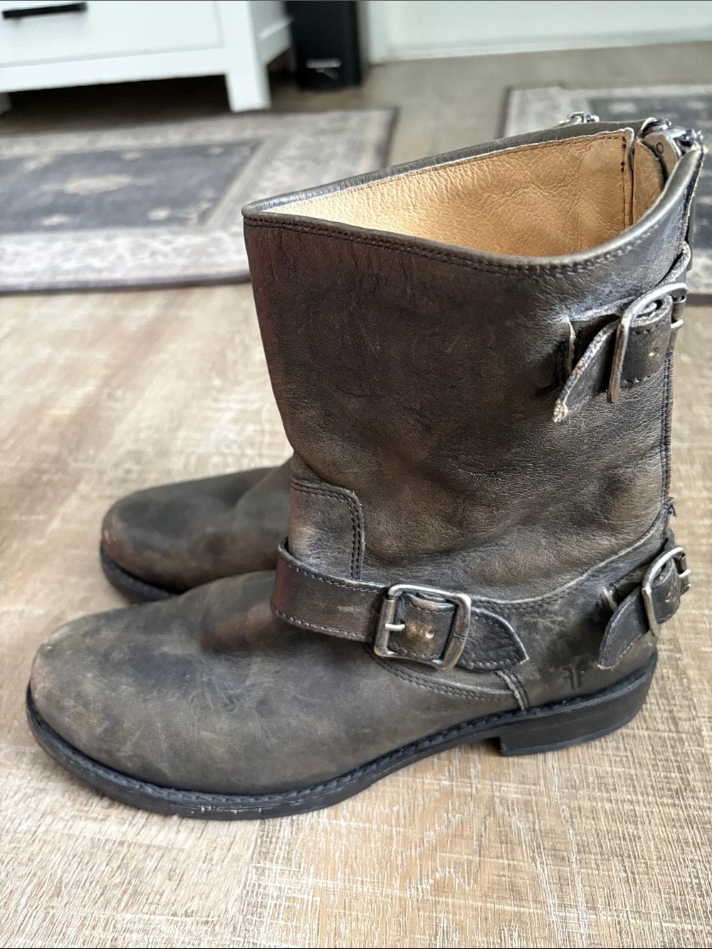 Frye Metallic Gray Leather Ankle Buckle Boots